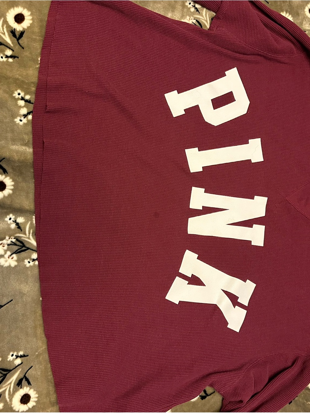 PINK Maroon oversized Waffle Knit Top with Bold White Logo